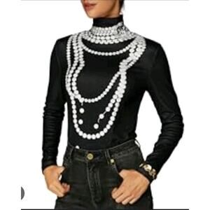 Stylewe Womens Mock Neck Pearl Beaded Print Long Sleeve Top Sz M Fitted Elevated